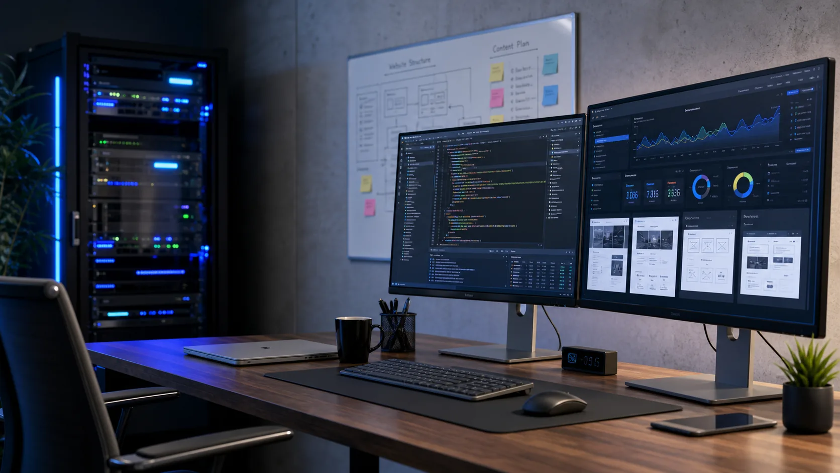 Statie de lucru BrandWave cu monitoare, cod, dashboard-uri si servere