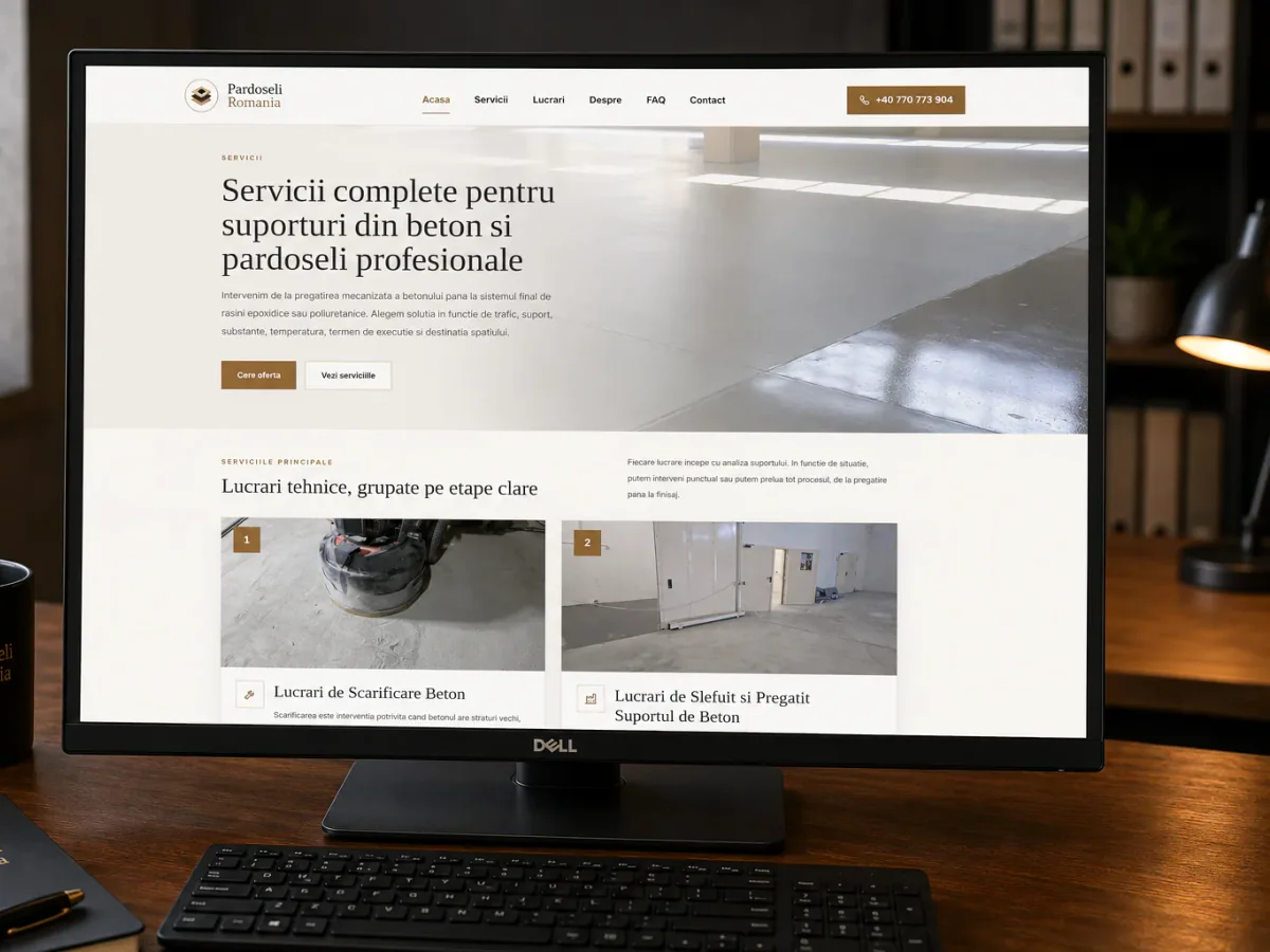 Site orientat spre estimări, apeluri și cereri de ofertă - model de site pentru firme de pardoseli - Creare site firmă pardoseli
