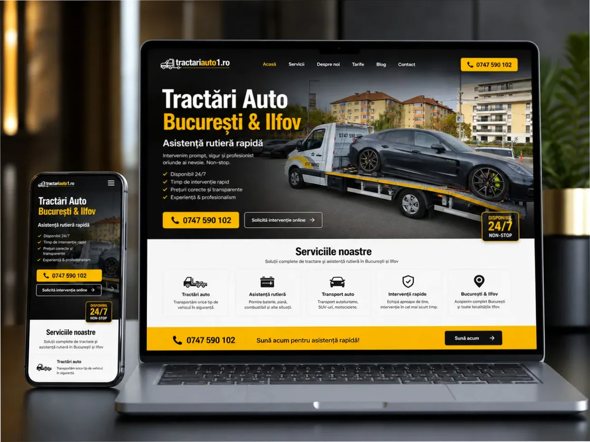 Site de încredere pentru tractări auto - model de site pentru firme de tractări auto - Creare site tractări auto
