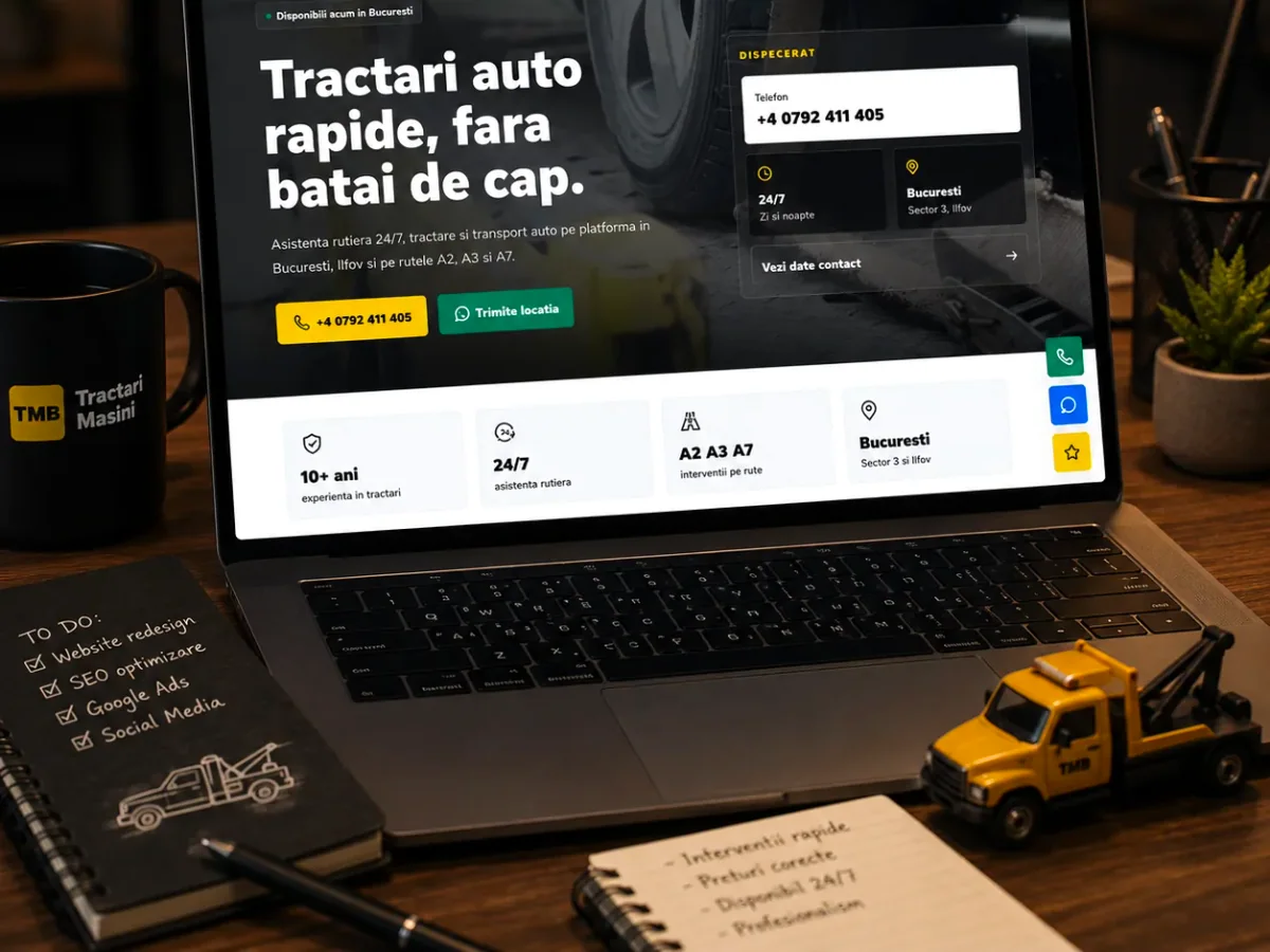 Site rapid pe mobil pentru tractări auto - model de site pentru firme de tractări auto - Creare site tractări auto