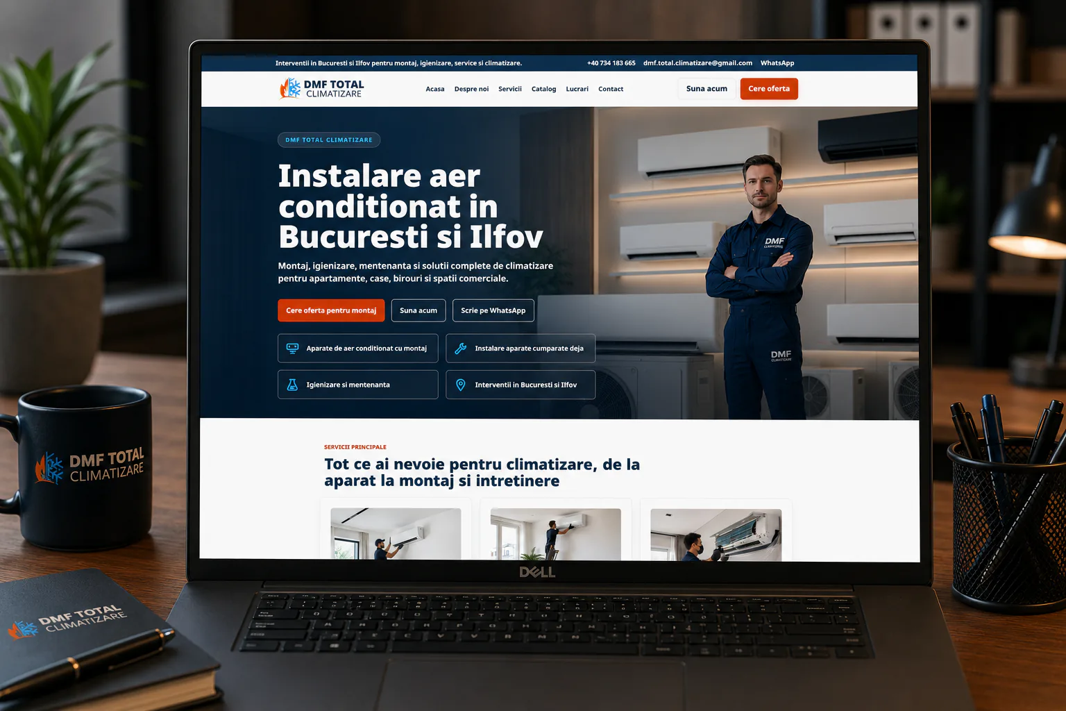 mockup realist DMF Climatizare homepage pe laptop pentru servicii HVAC Bucuresti Ilfov