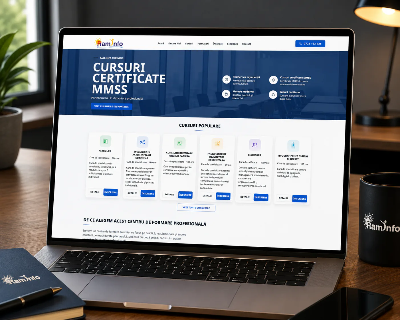 mockup realist RAM Info homepage pe laptop pentru cursuri certificate MMSS