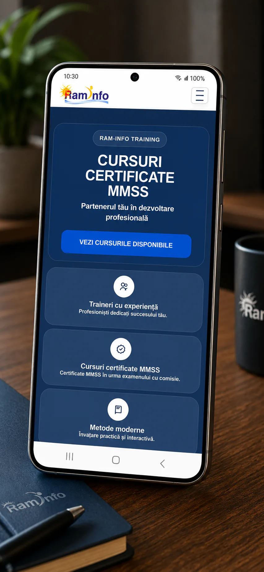 mockup mobil RAM Info site responsive pentru cursuri certificate