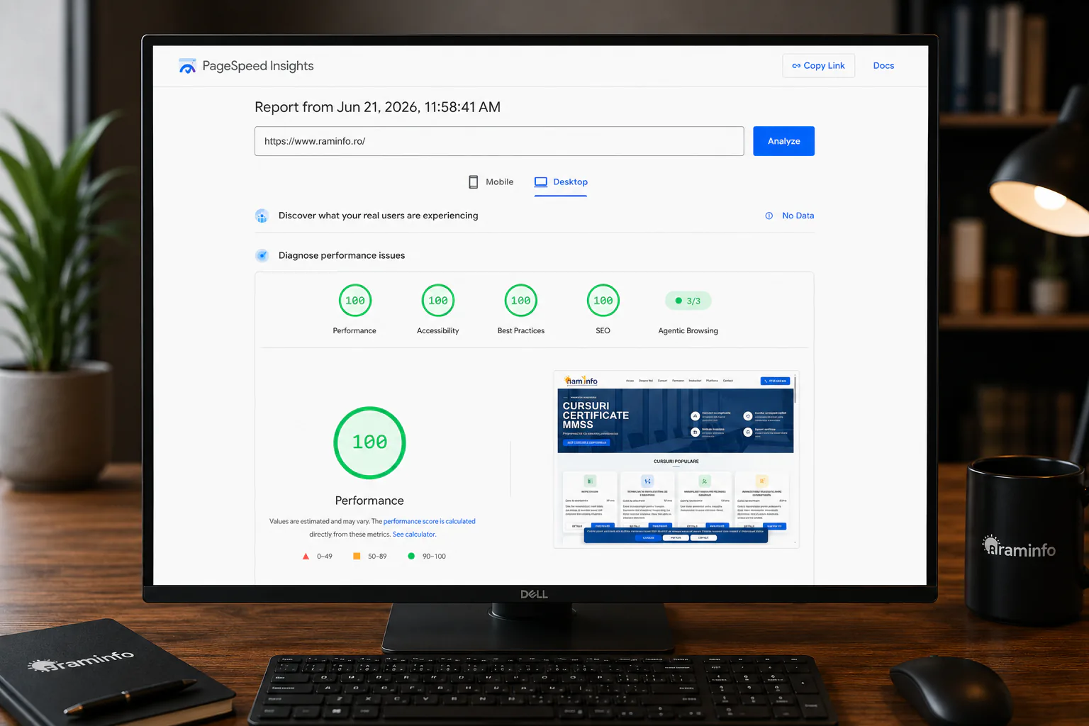 PageSpeed desktop RAM Info pentru site cursuri certificate