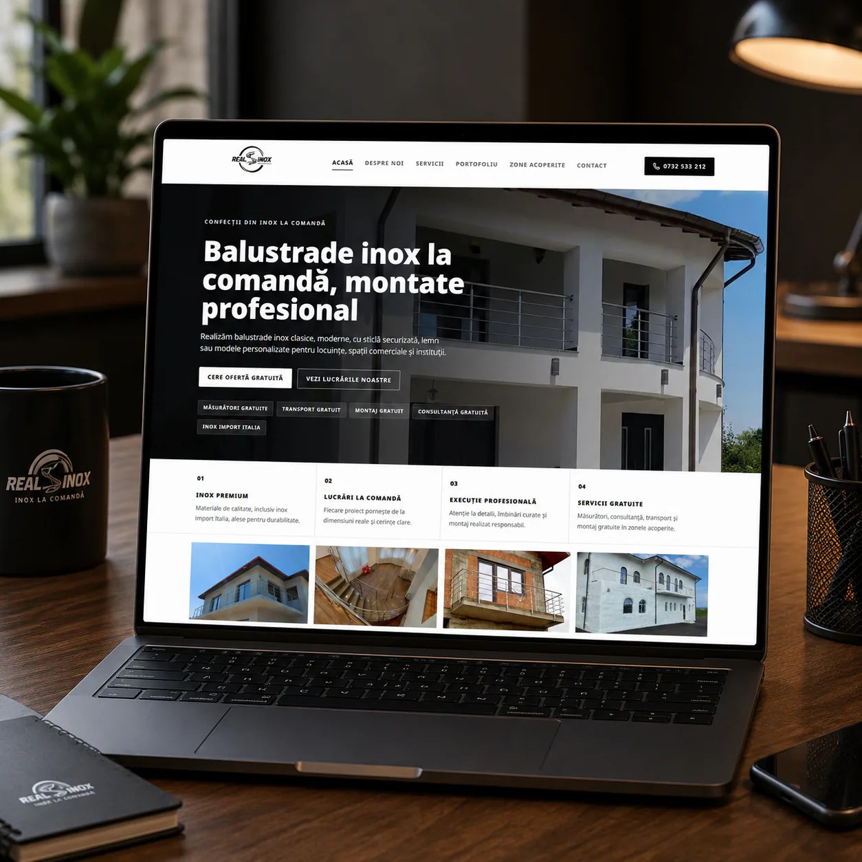 mockup realist RealInox.ro homepage pe laptop pentru confectii inox la comanda