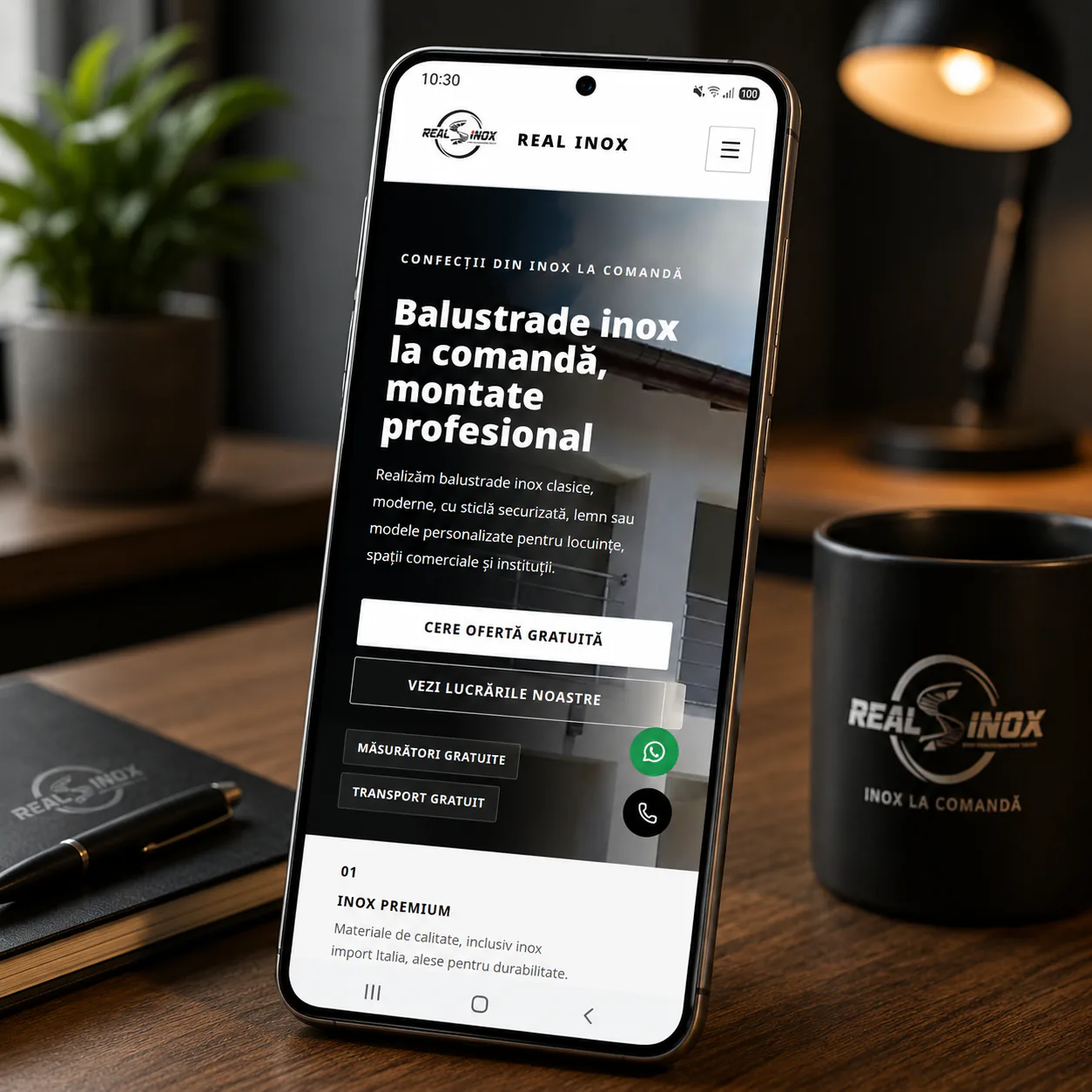 mockup mobil RealInox.ro site responsive pentru balustrade inox la comanda