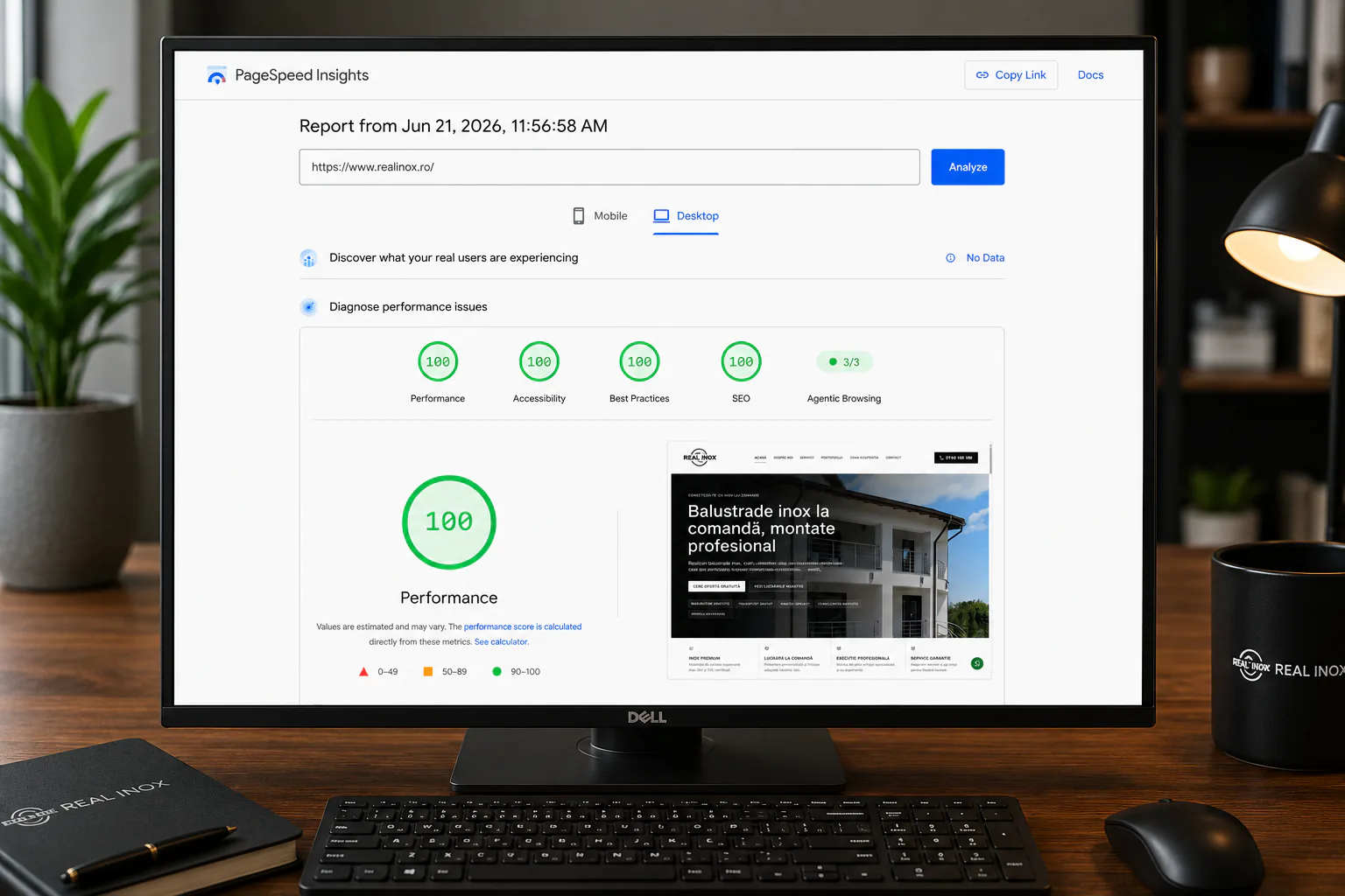 PageSpeed desktop RealInox.ro performanță 100 pentru site refacut de la zero