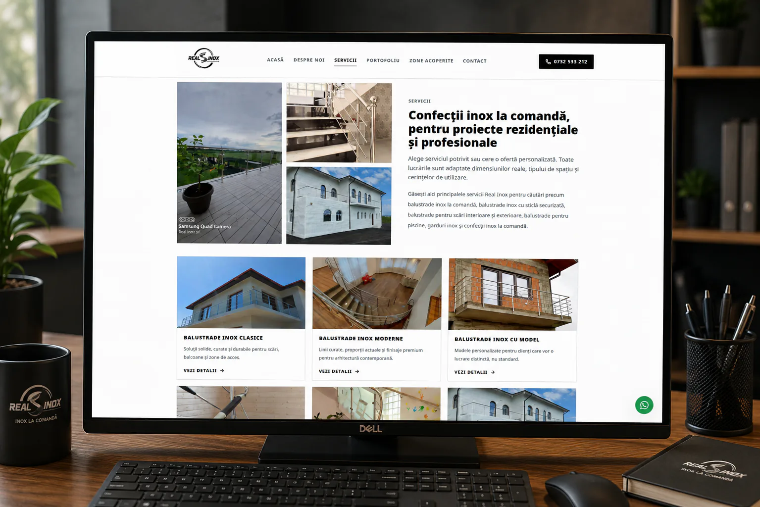captura desktop RealInox.ro pagina servicii pentru balustrade inox și confectii metalice