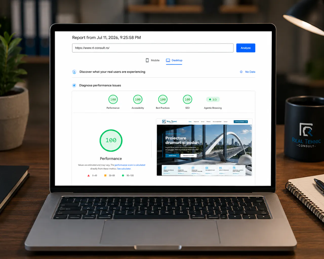PageSpeed desktop RT Consult cu scor 100 pentru site corporate tehnic