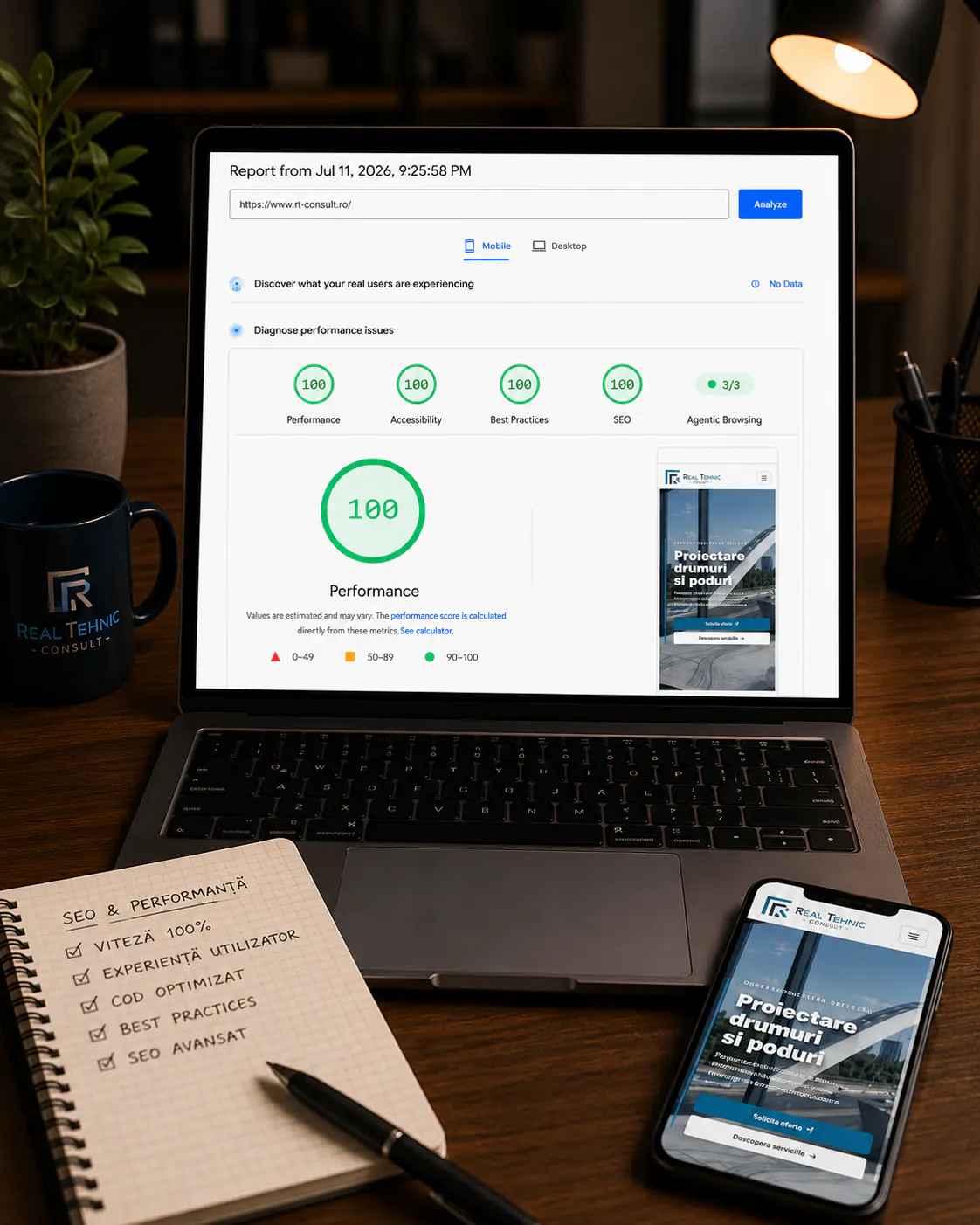 PageSpeed mobil RT Consult cu scor 100 pentru performanță, accesibilitate, bune practici și SEO