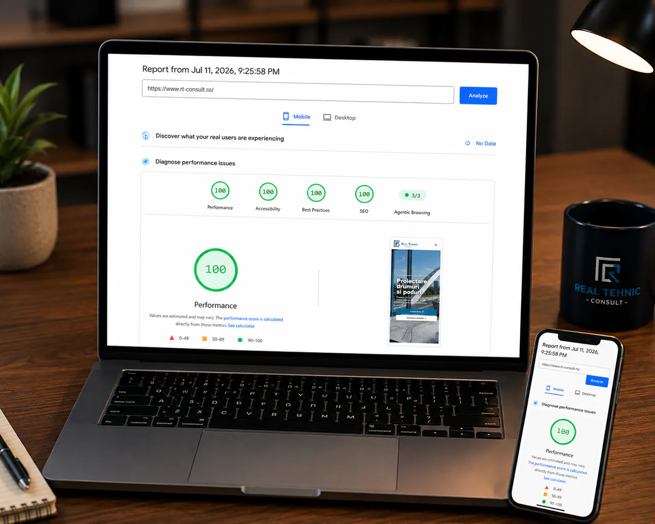 mockup RT Consult cu audit PageSpeed și afișare responsive pe telefon