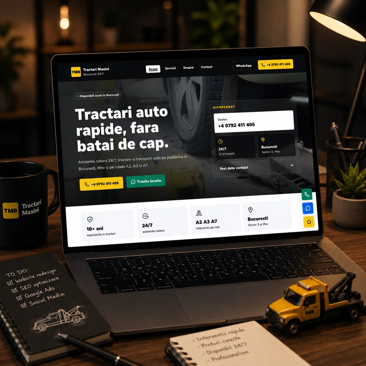 Tractări Mașini București - site pentru intervenții rapide 24/7 - proiect Tractări Mașini București în portofoliul BrandWave