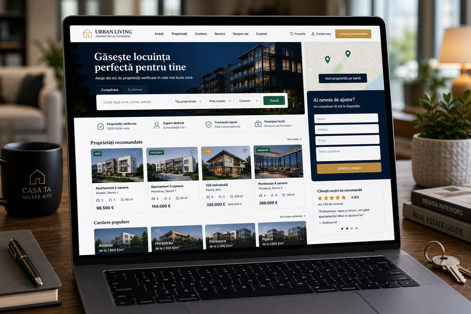 mockup site imobiliare cu listari si formular de contact