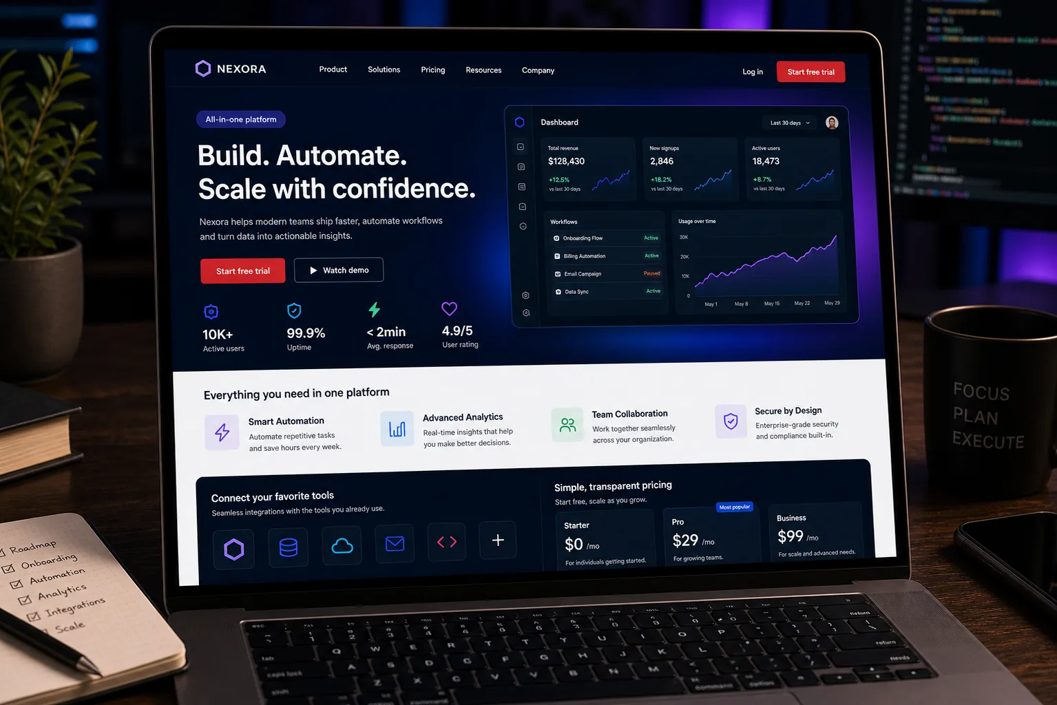 mockup site tehnologie si SaaS cu demo si pricing